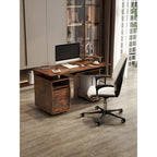 Bureau d'ordinateur en bois massif, table de bureau avec roulette pour PC, étagères de rangement et classeur, deux tiroirs, support pour unité centrale, une étagère.