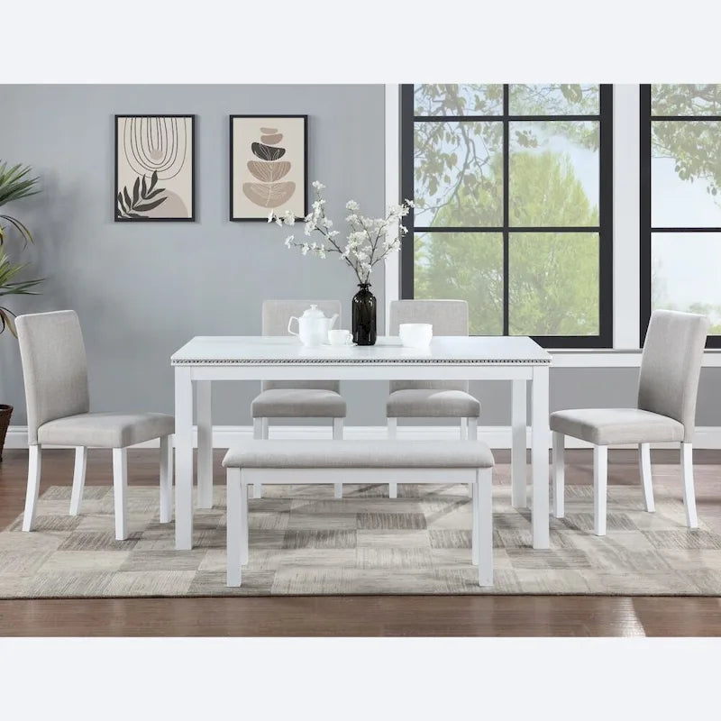 Table à manger en bois massif avec chaises et banc