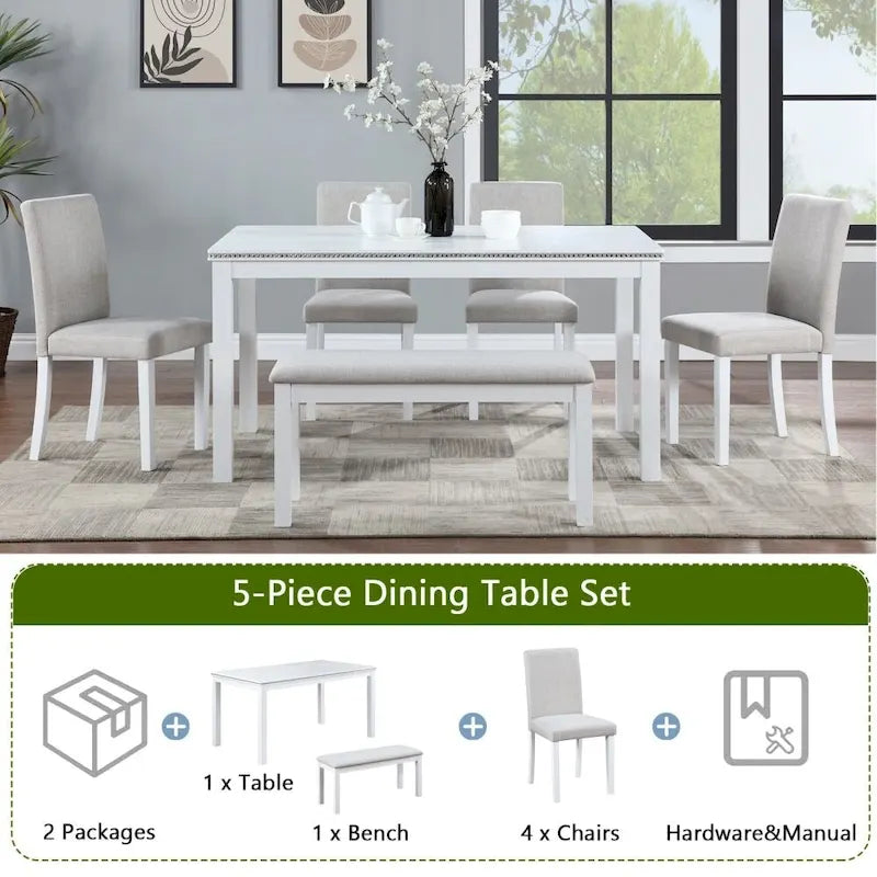 Table à manger en bois massif avec chaises et banc