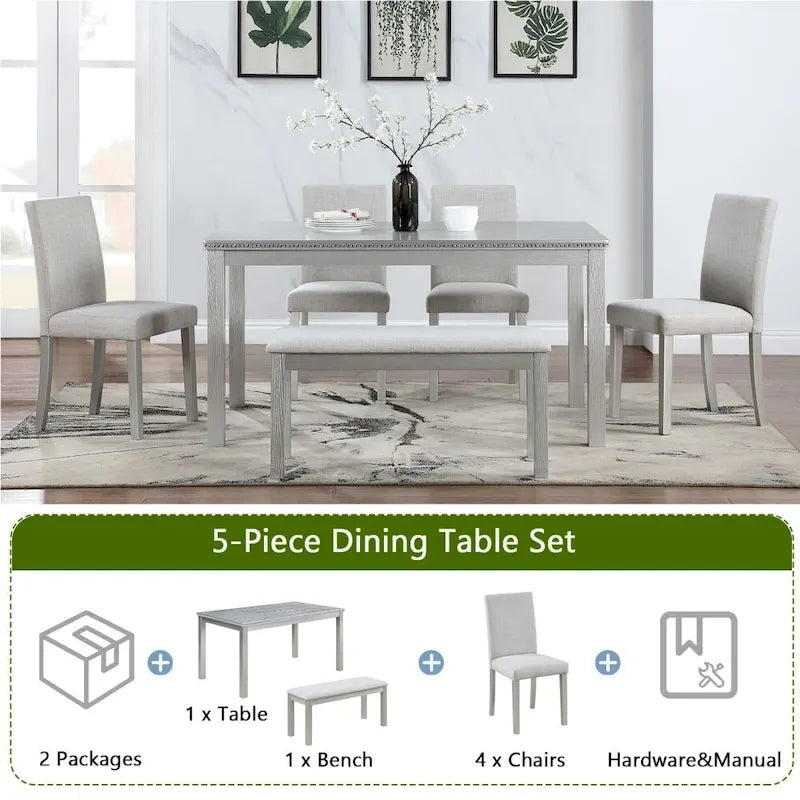 Table à manger en bois massif avec chaises et banc
