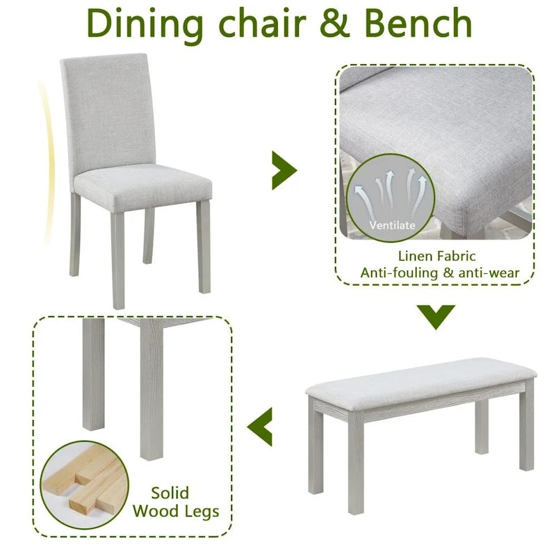 Table à manger en bois massif avec chaises et banc