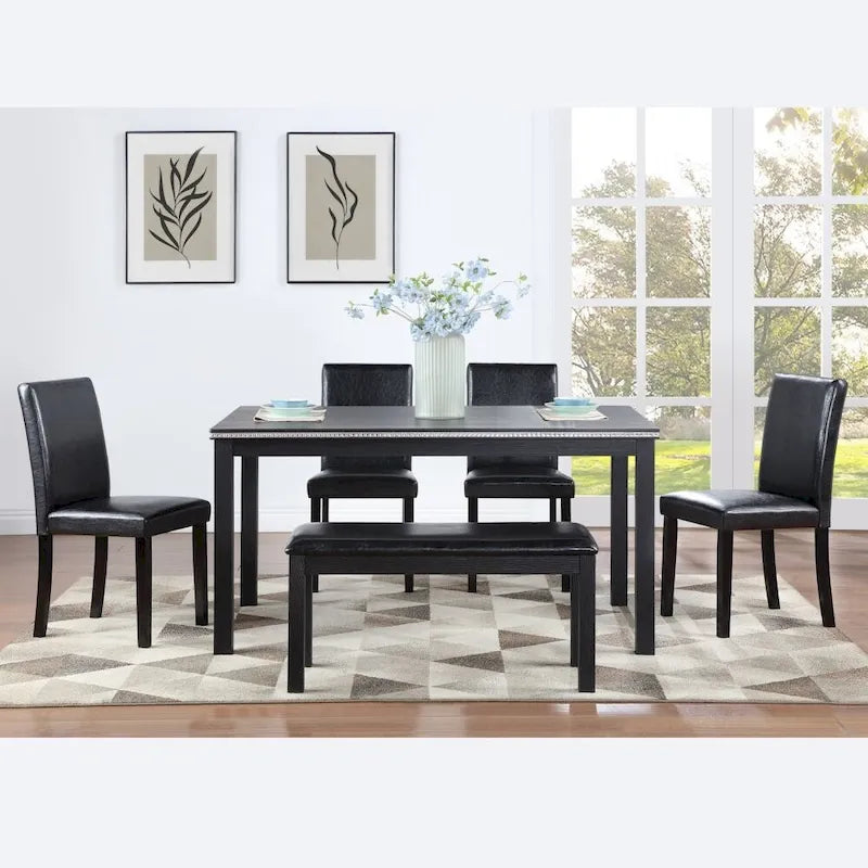 Table à manger en bois massif avec chaises et banc
