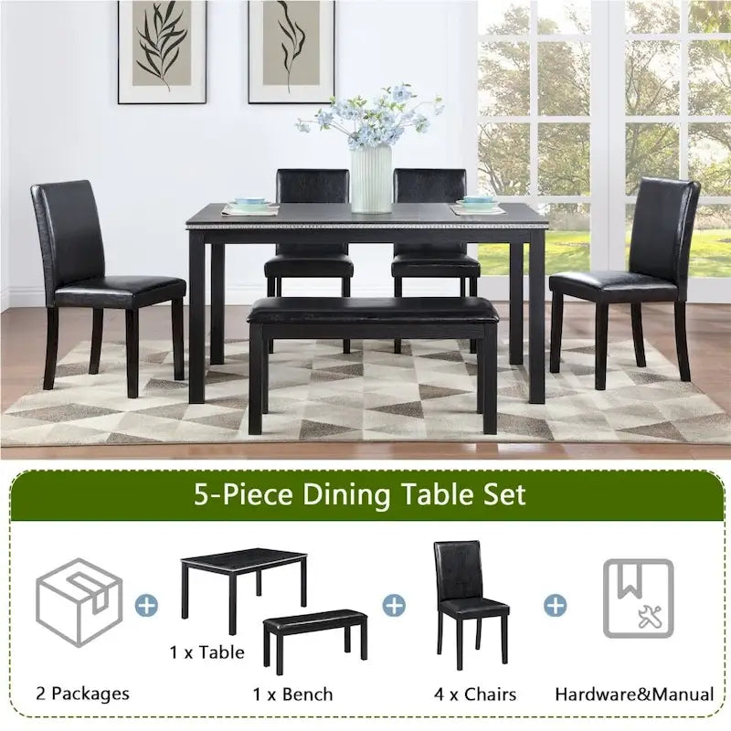 Table à manger en bois massif avec chaises et banc